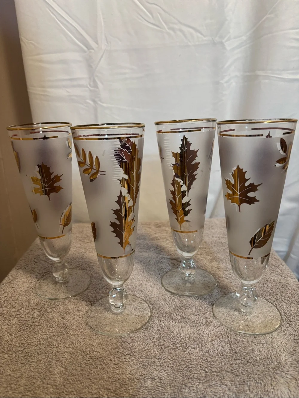 Libbey Frosted Glass Flutes with Gold and Brown Leaf Motif - Set of 4